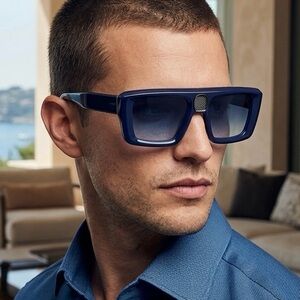 New! BUGATTI 02-DK. Blue Stylish Blue Luxury Square Sunglasses, Authentic